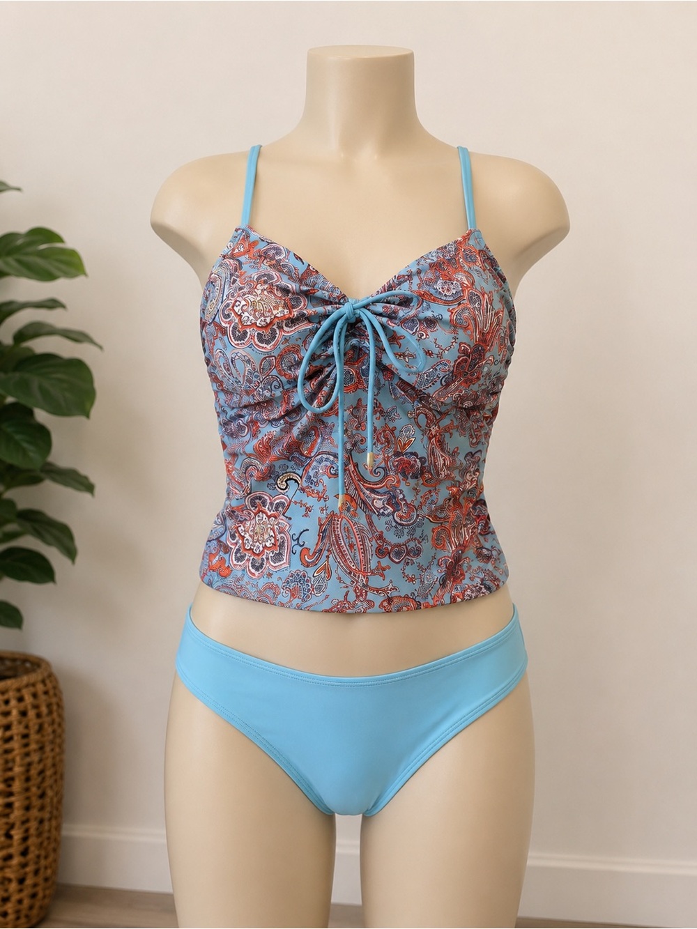 Light Blue Paisley Bandeau Tankini Top and Solid Light Blue Bottoms
